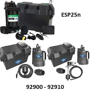 Pictured is the Wayne ESP25n and SWuperior Pump 92900 and 92910 Battery Backup Sump Pump